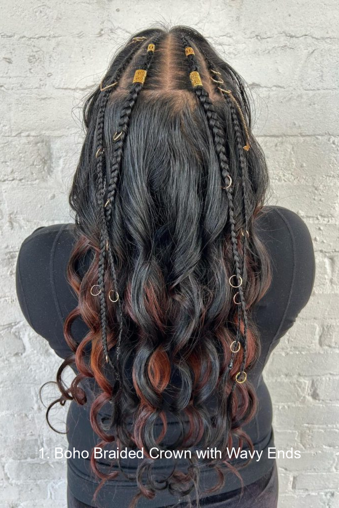 1. Boho Braided Crown with Wavy Ends