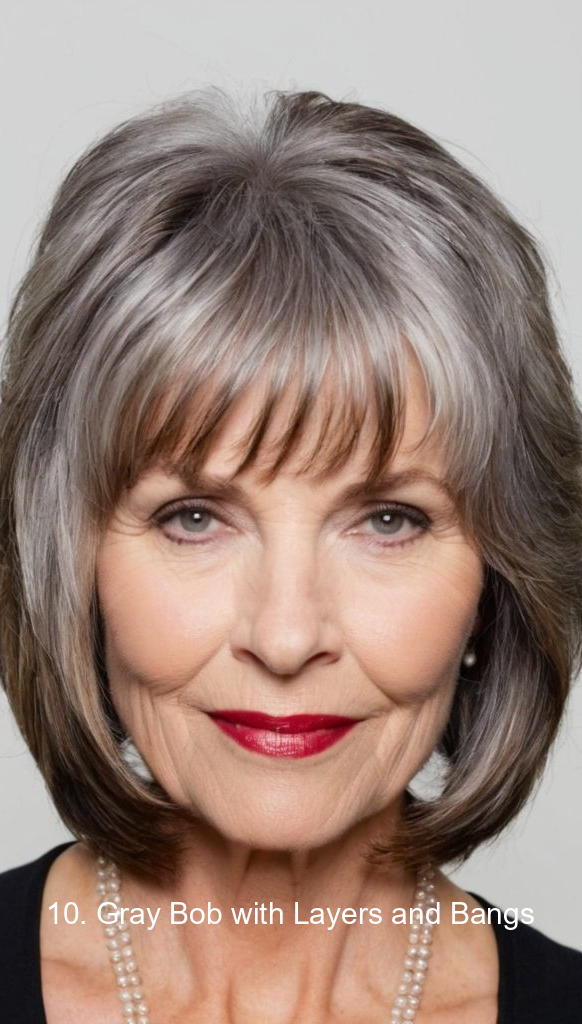 10. Gray Bob with Layers and Bangs