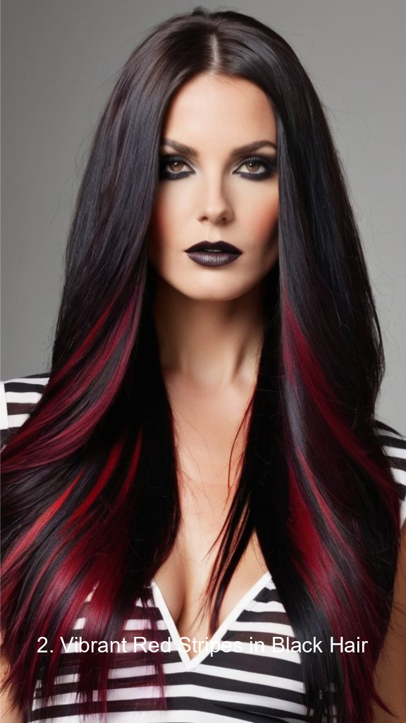 2. Vibrant Red Stripes in Black Hair