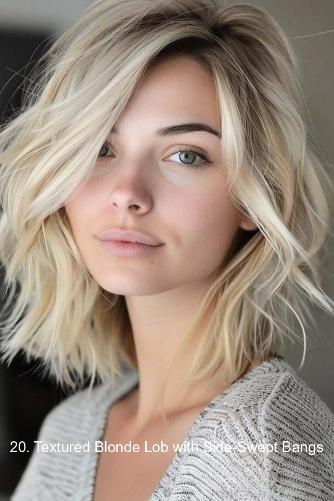 20. Textured Blonde Lob with Side-Swept Bangs