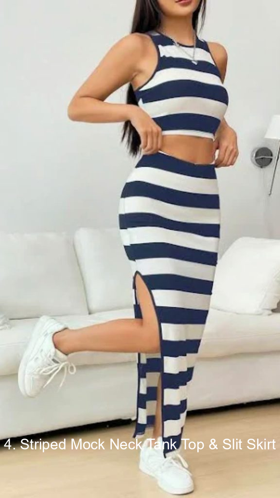 4. Striped Mock Neck Tank Top & Slit Skirt