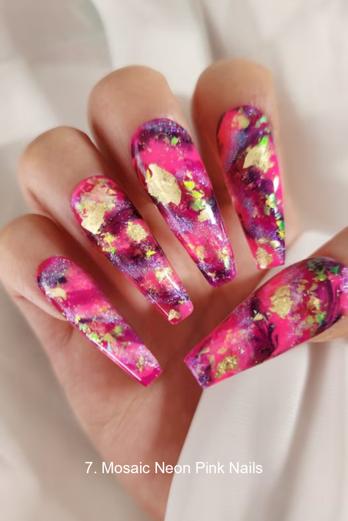 7. Mosaic Neon Pink Nails